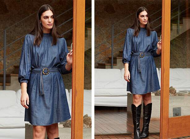 Look com bota e vestido jeans