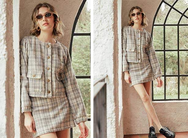 Look com saia e casaco em jacquard com aspecto de tweed