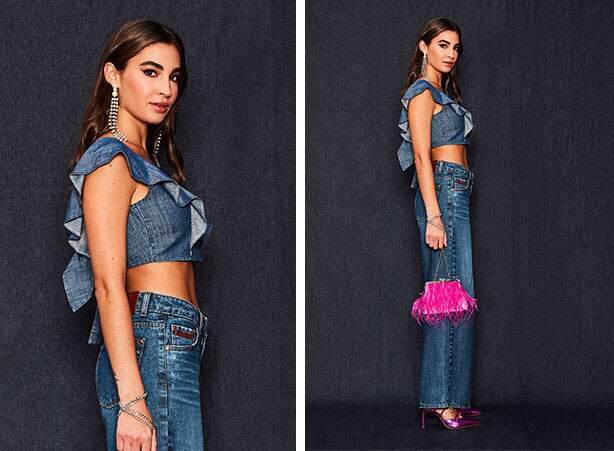 Look total jeans com calça wide leg