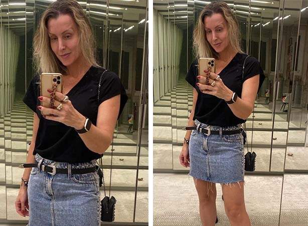 Mini saia jeans em lavagem clara e t-shirt preta