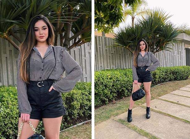 Camisa com babados e mangas bufantes com short preto resinado