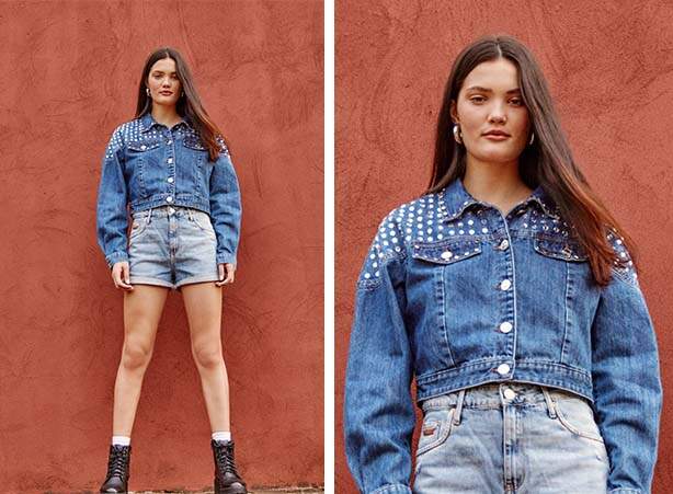 Estilo rock total jeans oversized e com aplicações