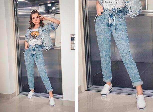 Calça clochard jeans com jaqueta