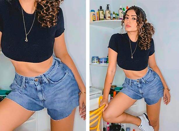 Blusa preta cropped com short godê