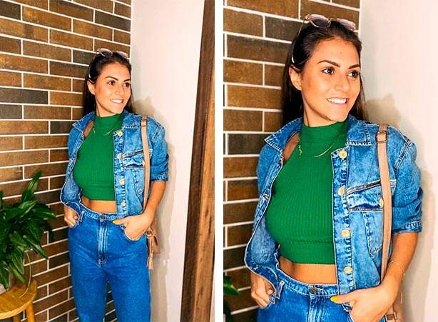 Jaqueta jeans curta e blusa cropped