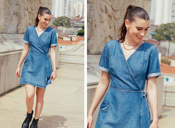 Look com coturno e vestido jeans curto