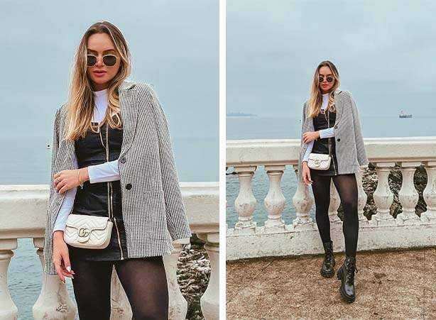 Vestido com meia-calça grossa e turtleneck