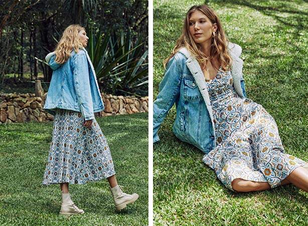 Look com comprimento midi com padronagem floral boho e bota