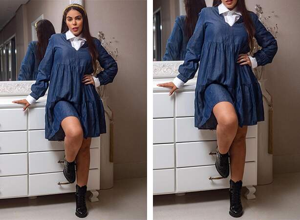 Vestido jeans curto com coturno