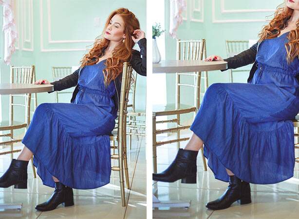 Look com vestido em denim no inverno