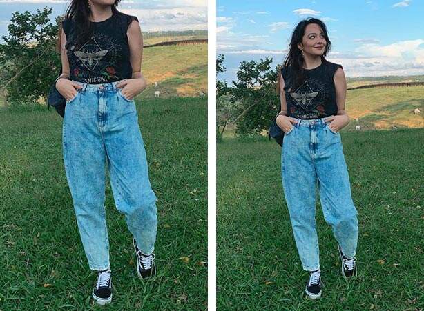 Calça slouchy jeans com tênis