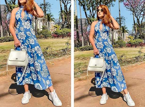 Vestido azul com print branco