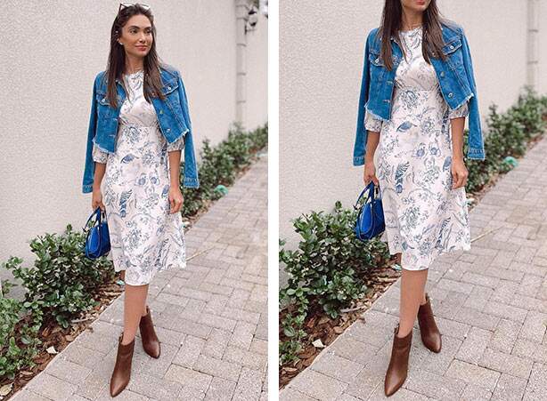 Vestido floral com jaqueta jeans