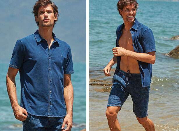 Look all denim com camisa masculina