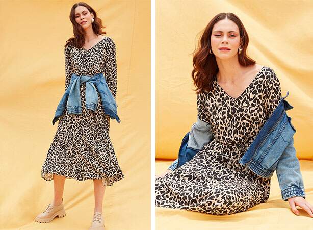 Vestido animal print com jaqueta jeans