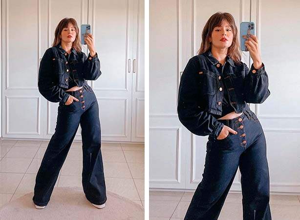 Look com wide leg escura e jaqueta jeans