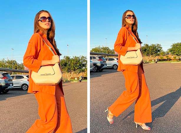 Look monocromático com wide leg terracota