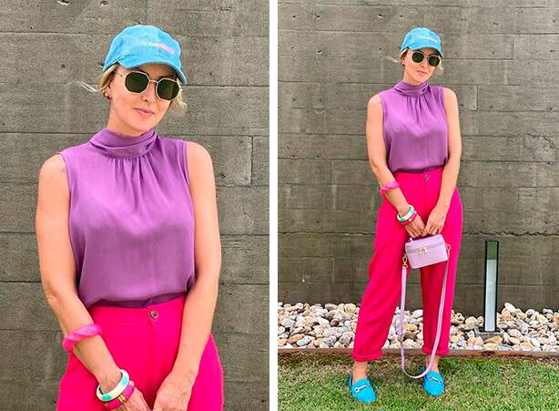 Look colorido com boné feminino