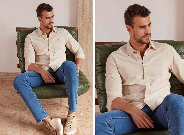 Look com camisa social listrada em tons claros e calça jeans slim