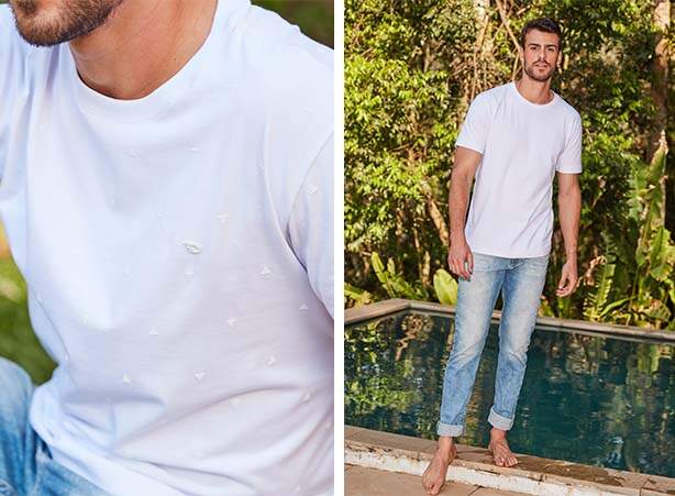 Look básico masculino com camiseta branca e calça jeans