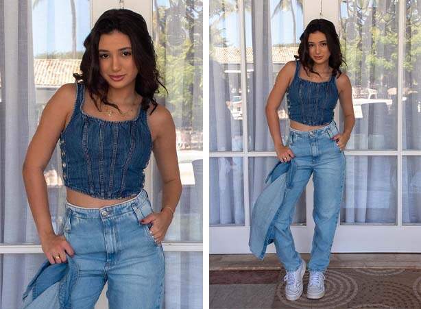 Look all jeans com cropped, jaqueta e calça jeans