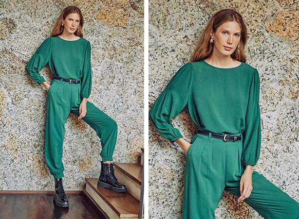 Look verde com coturno preto