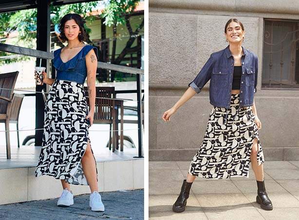 Looks com saia midi de estampa geométrica