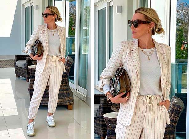 Look com blazer branco em risca de giz