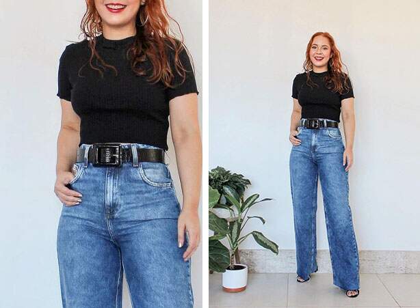 Look feminino de blusa preta com calça jeans e salto blocado