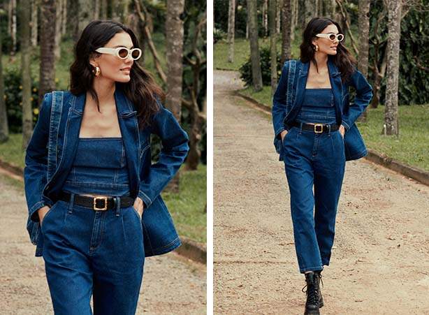 Look todo em jeans com top e blazer com calça jeans