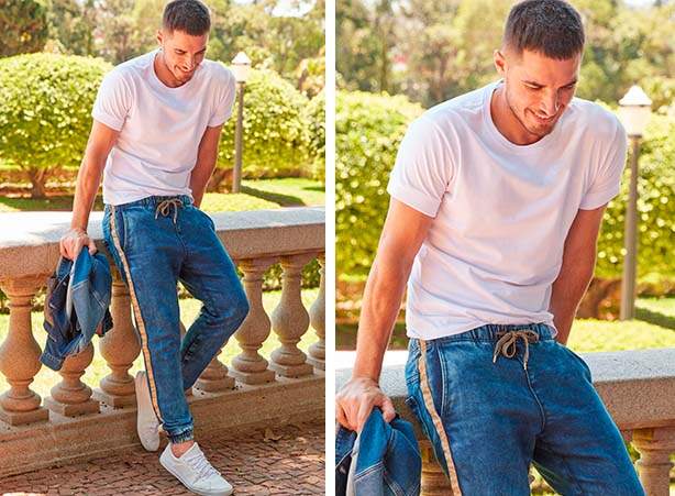 Look casual masculino com calça jogger e camiseta básica