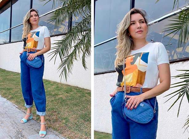 Look com camiseta estampada e calça jeans