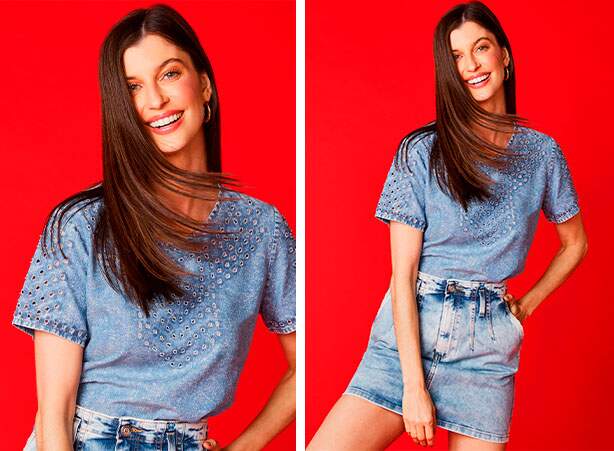 Look total jeans com camiseta e saia