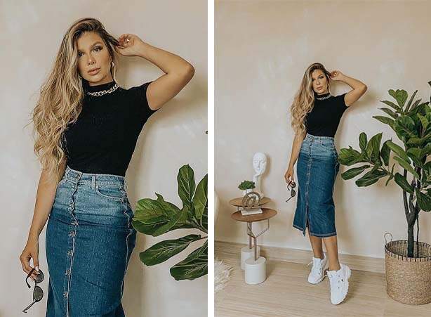 Look de body preto com saia jeans midi