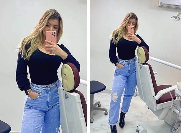 Look de body com mangas bufantes preta com calça jeans rasgada e bota de salto