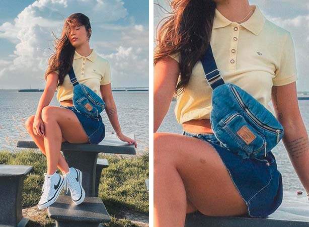 Look feminino com pochete jeans e camisa polo feminina com short jeans