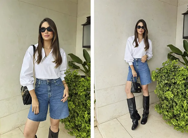 Look com bata branca e bermuda jeans com bota cano alto Look com bata branca e bermuda jeans com bota cano alto