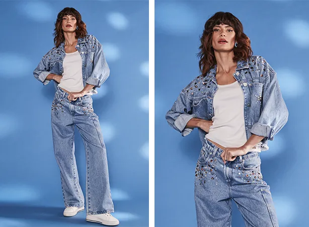 Look para show sertanejo com calça jeans e jaqueta jeans com pedrarias Look para show sertanejo com calça jeans e jaqueta jeans com pedrarias
