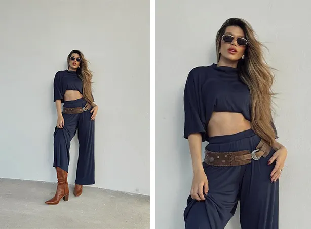 Look de conjunto feminino com calça soltinha e bota marrom Look de conjunto feminino com calça soltinha e bota marrom