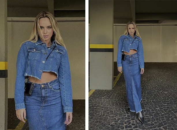 Look all jeans com jaqueta cropped e saia longa Look all jeans com jaqueta cropped e saia longa