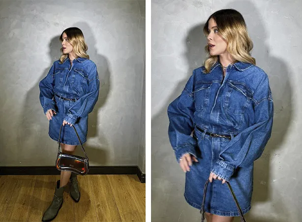 Look com vestido jeans com mangas bufantes Look com vestido jeans com mangas bufantes
