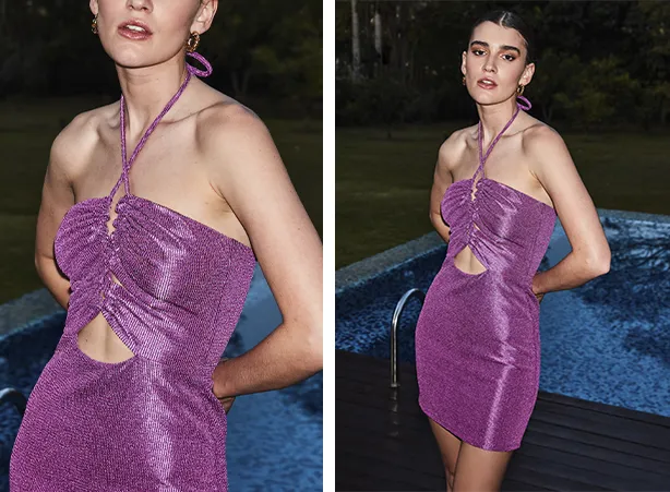 Look para show a noite com vestido rosa brilhante Look para show a noite com vestido rosa brilhante