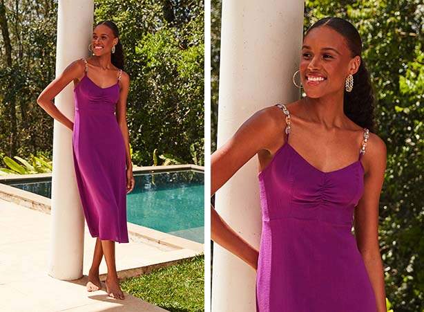 Looks com vestido roxo em comprimento midi