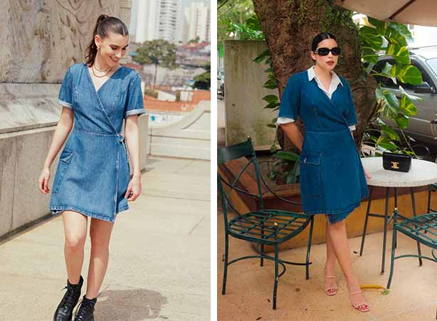 Look com vestido jeans curto utilitário com transpasse frontal