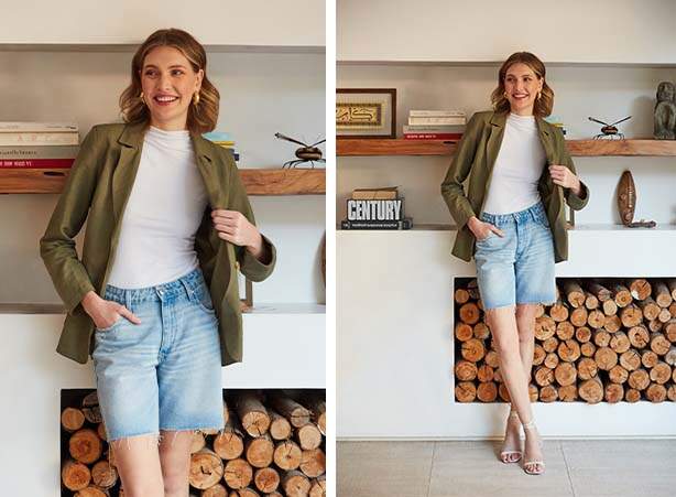 Bermuda jeans e blazer nos looks para trabalhar