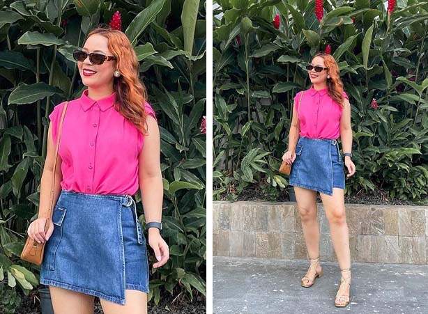 Look com short saia e camisa rosa sem mangas