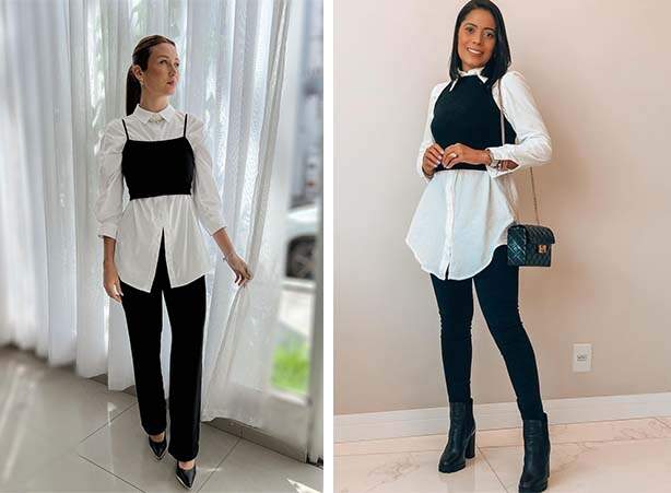 Look preto e branco com camisa solta por fora da calça e cropped por cima