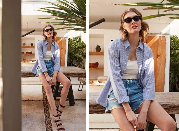 Look de verão com camisa de listras verticais e short jeans