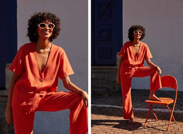 Tendências do verão 2024: Look feminino monocromático em tons de laranja