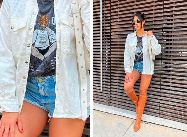 Look com short jeans mini, t-shirt estampada e bota